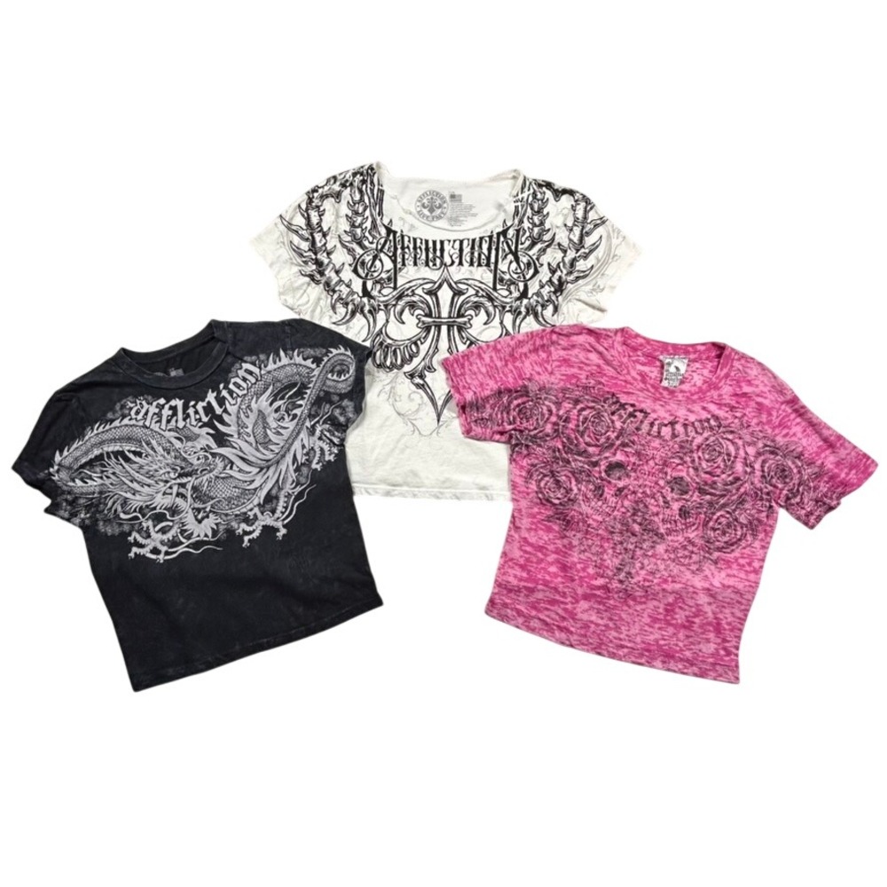 Affliction T-Shirt Lot of 3 Youth M/L Graphic Dragon Skulls Roses Goth Punk Y2K